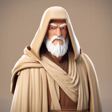 Crie um cartaz inspirado na Disney Pixar com o personagem sendo o Obiwan kenobi. Um homem de cabelos grisalhos usando manto marron