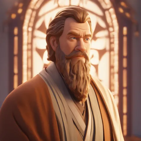 Crie um cartaz inspirado na Disney Pixar com o personagem sendo o Obiwan kenobi. Um homem de cabelos grisalhos usando manto marron