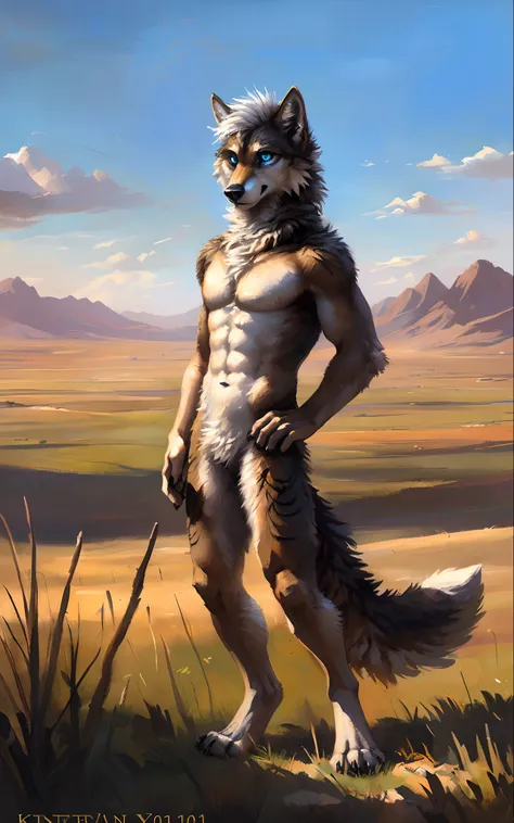 ((Solo)), male people, anthro wolf, (Multi-colored fur, White-brown:1.3，White tail pointed), (Height 2.1m,Tail length 1.2m), ((Wolf face, White hair, Big eyes, White eyelids, Blue pupil, Slim:1.2) (Tough, Calm expression:1.2)), Abs, Slim, pinging)), (Corre...