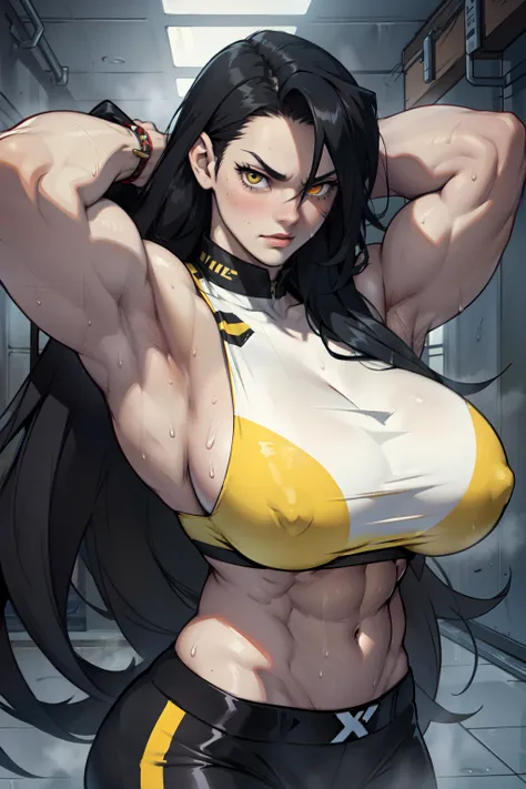 huge breasts pale skin very long hair black hair yellow eyes 1 girl (((muscular))) armpits seductive expression sweaty