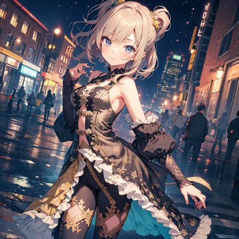 ultra detailed game CG, (High resolution:1.1),(absurderes:1.1), 1girl in, Little Girl, dance，Solo, Simple Anime, nightcity, Overlooking the night view from a height