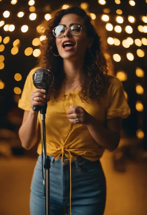 Girl singing with microphone in hand, cabelo castanho cacheado com californiana no cabelo, Yellow Round Glasses, button t-shirt, gorda com piercing no nariz