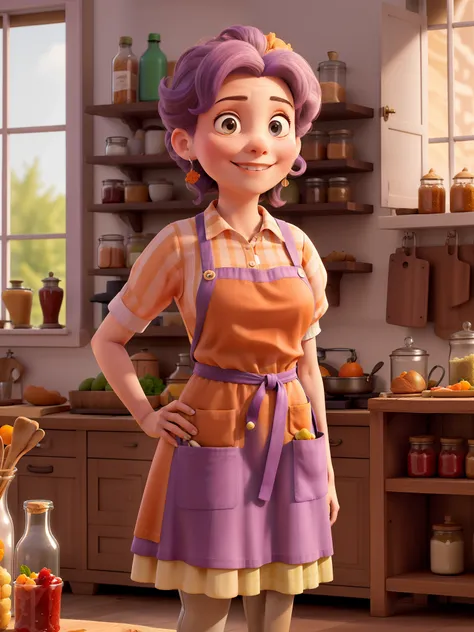 Obra-prima, de melhor qualidade, wearing a lilac apron and orange blouse, Standing in the kitchen with jars of jam and antipasti