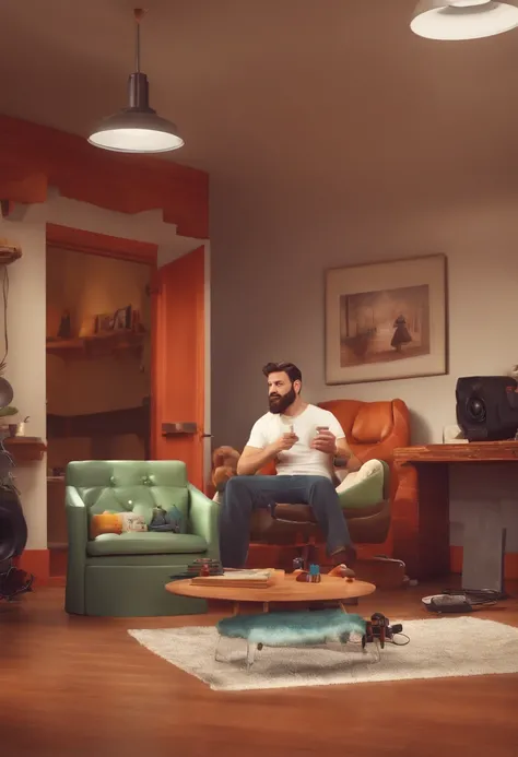 um homem, em breve, barba curta, olhos castanhos, com fones de ouvido, A music studio in the background, Imagem no estilo Pixar, Estilo de filme animado 3D, Disney, camiseta branca