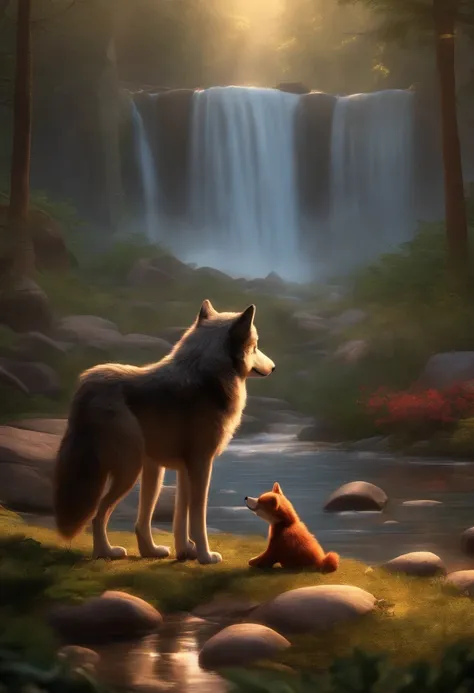 Image of an attempt at a story in a YouTube video in Pixar format, By the tents we have a wolf Hes the little one Hes outgoing, Playful and next to it there is a waterfall