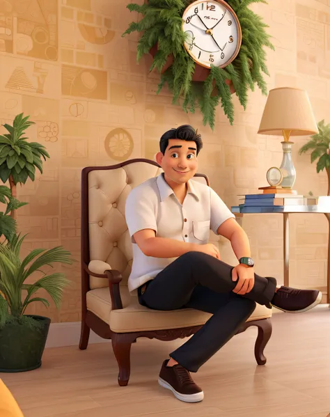 "A 3D movie poster in Disney-Pixar style of a 40-year-old white man with a smiling face, straight black hair, wearing a white dress shirt, black pants, and brown sneakers, with a golden watch, sitting in an armchair with crossed legs and hands on his lap, ...