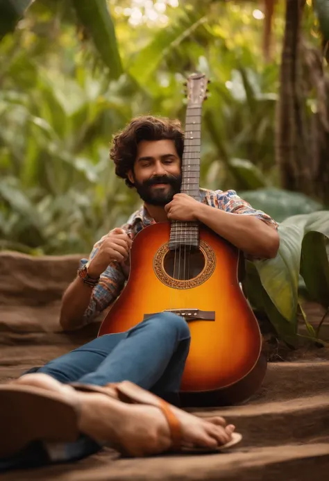 Um filme de um marrom inspirado na Disney Pixar, Homem de 20 anos com rosto magro, cabelos loiro, Bigode e cavanhaque, camisa de surfista, shorts, leather sandals on the feet, Holding a 7-string guitar