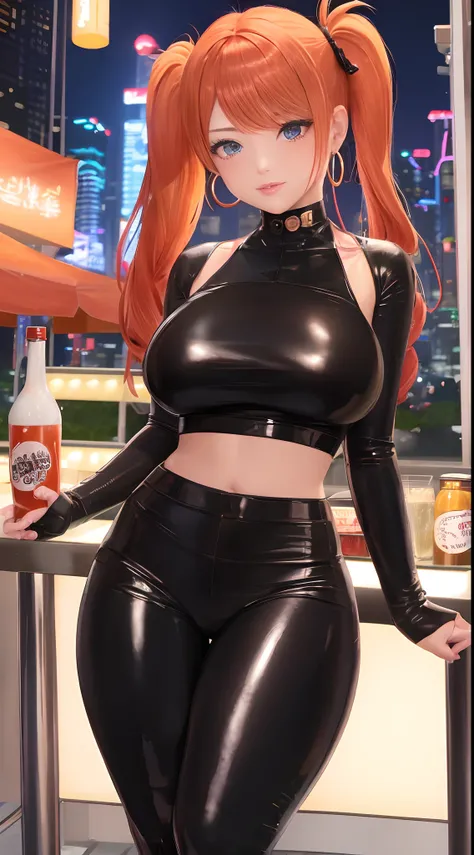 1girl, (((bimbo))),hoop earrings, puffy lips, painted lips, thick lips. orange hair, short twintails, wide hips, thick thighs, latex tight pants, bursting breasts Nightlife, Night city, Cyberpunk city, futuristic cityscape. Neon lights, (skyscraper:1.1), T...