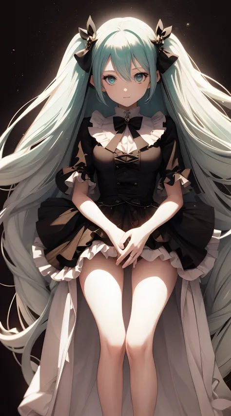 Absurdres masterpiece HDR high quality picture of Hatsune Miku, very young age girl 14 years old with detailed face, simple hair design , beautiful face, hands on waist and hands are hiding in her hair and clothes , very long hair, ((random hair style:1 ))...