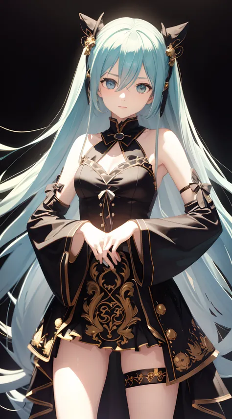 Absurdres masterpiece HDR high quality picture of Hatsune Miku, very young age girl 14 years old with detailed face, simple hair design , beautiful face, hands on waist and hands are hiding in her hair and clothes , very long hair, ((random hair style:1 ))...