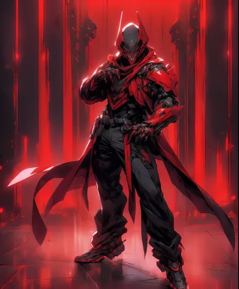 a man in a red jacket and black pants standing in a dark room, wearing cultist red robe, crimson attire, character from mortal k...