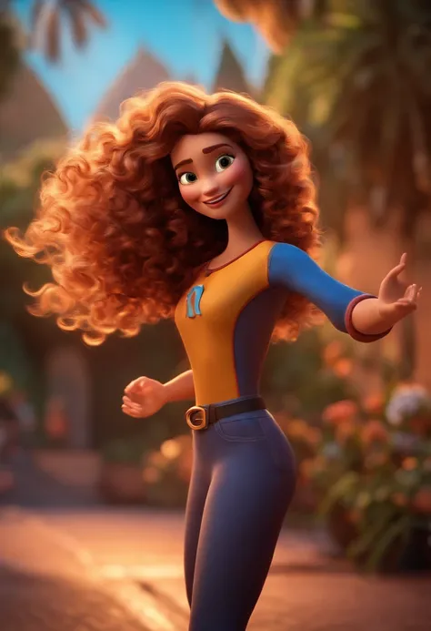 Imagem estilo Pixar com 3D personagem, Long Curly Hair Woman Dancing, Maquiagem Disney, engenhrira civi com capacete brando, sorridente ,Close-up, Pixar, Disney, Cinema lighting,