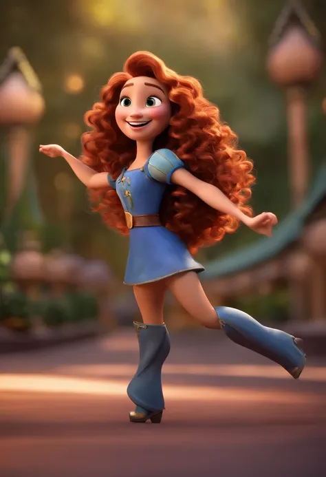 Imagem estilo Pixar com 3D personagem, Long Curly Hair Woman Dancing, Maquiagem Disney, engenhrira civi com capacete brando, sorridente ,Close-up, Pixar, Disney, Cinema lighting,