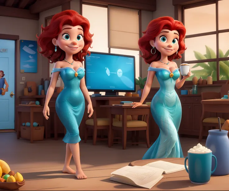 Obra-prima, de melhor qualidade, mulher , de 34 anos , magra , cabelos vermelhos , olhos azul, Traits of Disneys Ariel , em um escrito , com um MacBook na mesa , A coffee in hand ,