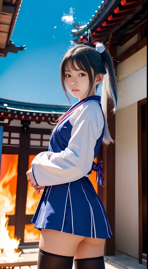 eboshi、Blue miniskirt、shrine maiden、Black High Socks、Silver Hair Ponytail、Fire effect、a temple background、hiquality