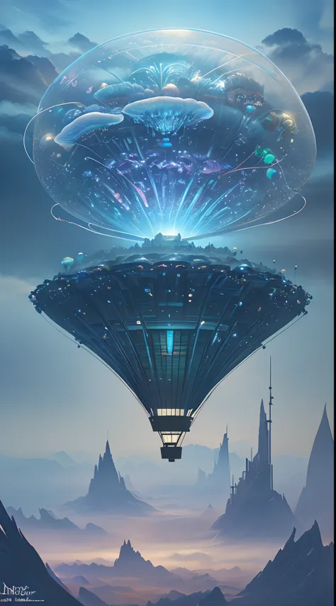 （（tmasterpiece，best qualtiy）），Beautiful 8K Ultra HD professional photos, Sharp focus, In a stunning fantasy world, A hot air balloon over a futuristic city，Retro cyberpunk，Strange hot air balloons,Colorful,A hot air balloon in the shape of a cute jellyfish...