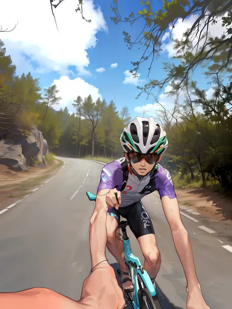 there is a man riding a bianchi bike down a road with a helmet on, shot on iphone, riding on the road, cycling!!, front on, 🕹️ 😎, wide angle dynamic action shot, 🚿🗝📝, captured on iphone, frontshot, wideangle action, nice colors, guillaume tholly