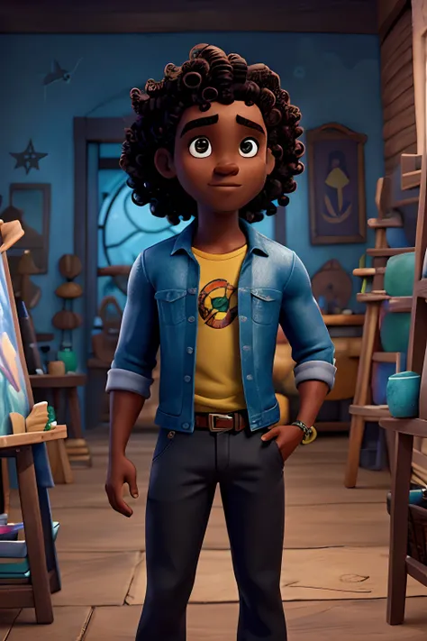 Capa de filme estilo Disney, uma homem preto com olhos pretos, Dark skin and curly hair working painting pictures and an art studio in the background,no estilo Aquaman,brinco na orelha,corpo atletico