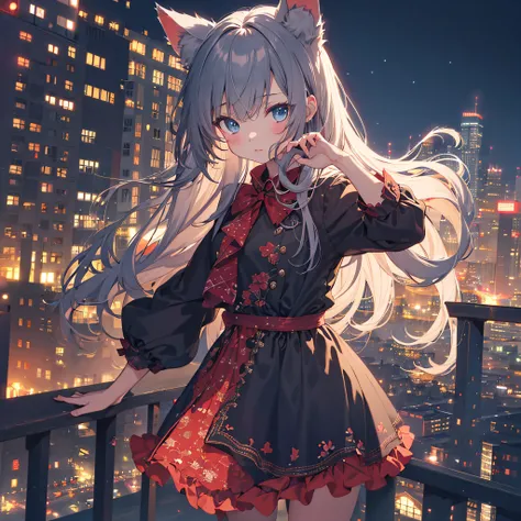 ultra detailed game CG, (High resolution:1.1),(absurderes:1.1), 1girl in, Little Girl, Cats ears，Solo, Simple Anime, nightcity, Overlooking the night view from a height