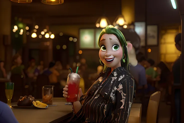 Imagem estilo disney Pixar, with drink in hand, dentro de um restaurante, mulher com cabelos loiros escuros, olhos verdes, sorrindo, olhando para a camera