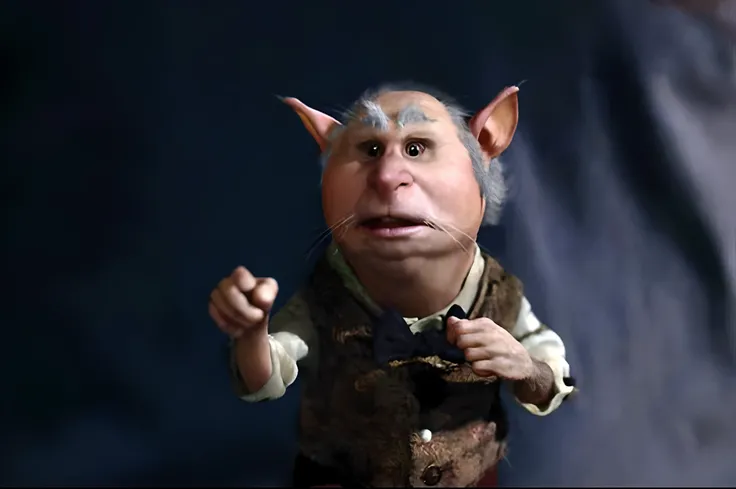 There is a small troll doll with a tie and vest, fantoche de pano realista, como um personagem claymation, Retrato de um Duende, Average portrait of a goblin, Danny DeVito como um hobbit, Jean - Baptiste Monge, anthropomorphic character, duende, Rumpelstil...