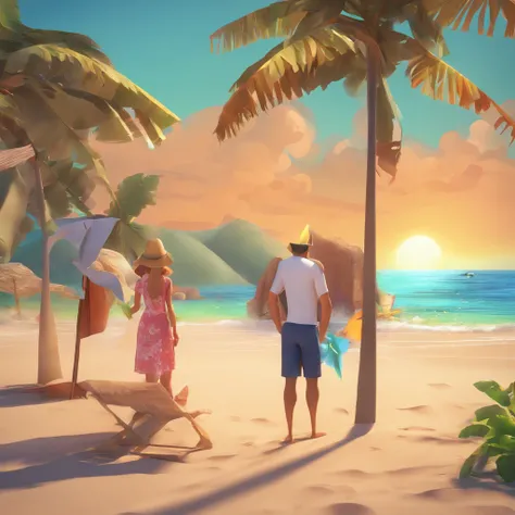 Crie um cartaz inspirado na Disney Pixar com o personagem sendo there is a man and woman standing on a beach near the ocean, vacation photo, karolina cummings, the ocean in the background, on beach, profile image, in the beach, malika favre, jungles in the...