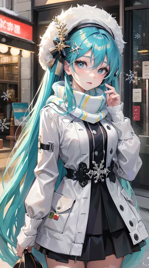 Absurdres masterpiece HDR high quality picture of Hatsune Miku, very young age girl 14 years old with detailed face, simple hair design , beautiful face, hands on waist and hands are hiding in her hair and clothes , very long hair, ((random hair style:1 ))...