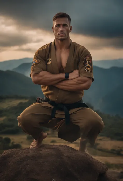 homem em frente a uma gigantesca montanha ao fundo, with arms crossed, Man in combat position, Quimono de jiu-jitsu, 8k, hyper realista, detalhado.