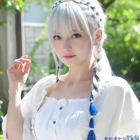 excellent, masutepiece, white hair, blue eyes, white clothes, upper body, hair, fair skin, side braids, best quality