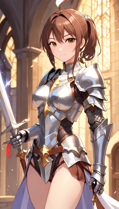 Asuna, Asuna_(As estrelas), (1girll,Solo) ,Fantasy, hight resolution, 19 Private, Original, (Sheath of the waist:1.3), Smile, (White Knight Wizard Chief Cloak:1.5), Short hair, medium breasts, view the viewer, Bangs ,Hazel Eye Detail, Beautiful background,...