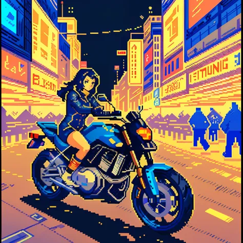 ((pixelart)),a picture of motorcycle,night city on the background,(8k, RAW photo, best quality, masterpiece:1.2),trending on artstation,videogame art,