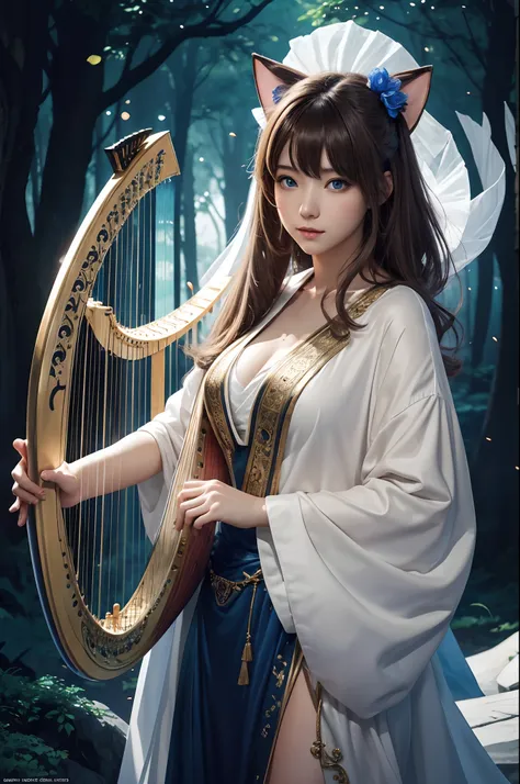 hightquality、8K Ultra HD、fullllbody、A 16-year-old female harpist is playing the harp、robe blanche、light brown hair、Blue eyes、(There is a nice healing forest in the background)、cute little、Beautiful fece、portlate、A kitten、art by:Alberto Seveso、Symmetrical、A...