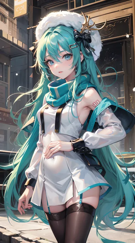 Absurdres masterpiece HDR high quality picture of Hatsune Miku, very young age girl 14 years old with detailed face, simple hair design , beautiful face, hands on waist and hands are hiding in her hair and clothes , very long hair, ((random hair style:1 ))...