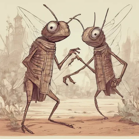 Anthropomorphic, Dancing locusts in the style of Disney animation are caught in their hands, flat, vectorised, 8K resolution, Masterpiece, and super detailed.