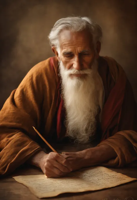 an old man full of faith writing on parchment