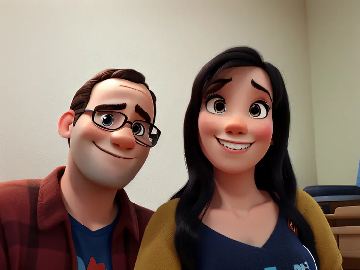 A couple looking at the camera and smiling in Disney Pixar style.