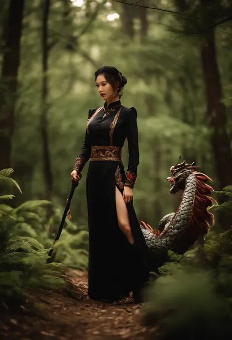 In the middle of a large ancient forest，The beautiful woman has a leather whip in her hand，Wear a tight uniform，Black stockings on her legs，Wear high heels，Beauty leg length，Big chest，Riding a strong Chinese dragon