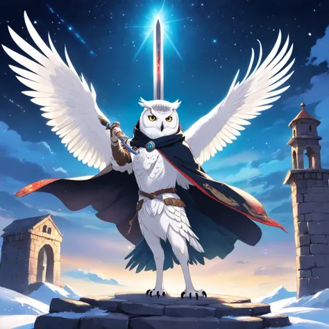 anthro (snowy owl), human-like feathered arms, holding a sword and shield, large wings spread from back, wearing a black hooded cloak and tunic, starry sky, Ancient ruins, Fantasy realm, mythological landscape, Epic, magical, mythological creatures, mythol...