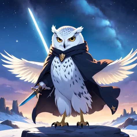 anthro (snowy owl), human-like feathered arms, holding a sword and shield, large wings spread from back, wearing a black hooded cloak and tunic, starry sky, Ancient ruins, Fantasy realm, mythological landscape, Epic, magical, mythological creatures, mythol...