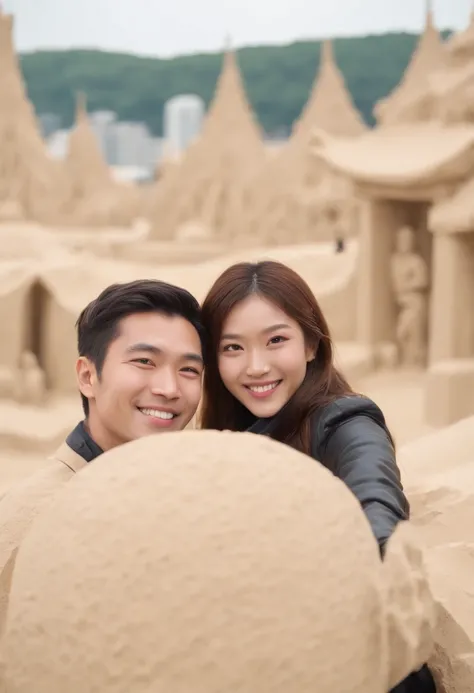 beautiful intricate detail, (couple, one man, one woman:1.4), bangs, ohime-cut, hairpin, yellow jacket, (selfie, bright smile, looking at you, close up:1.4), detailed background, (sapporo sun festival, sand sculptures in back:1.4), [sand],sand glint, natur...