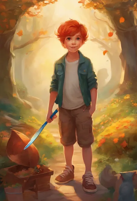 A seven-year-old boy with a shy smile, wearing jeans, camiseta branca, converse vermelho, tennis shoes, e faixa marrom. Hes got red hair thats messy. Standing with a wagon in the backyard near a tree