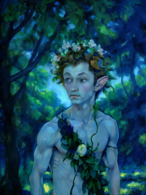 pintura impressionista de um jovem com chifres e flores em uma floresta, portrait of a slender elven man, elfo masculino bonito, Rio Masculino, Um retrato de um elfo masculino, elfo com pele azul, Retrato de um elfo, satyr, retrato masculino da fantasia, U...