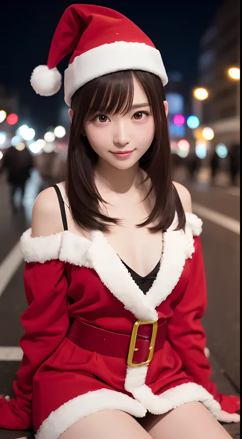 Sitting on the street、Red Santa Claus Cosplay、Spread your legs wide and show off your crotch、Odious appearance、thighs thighs thighs thighs、a miniskirt、A sexy、The appearance of the crotch open、Wide open crotch、M-shaped legs、white panty、Smile、natta、Raw photo...