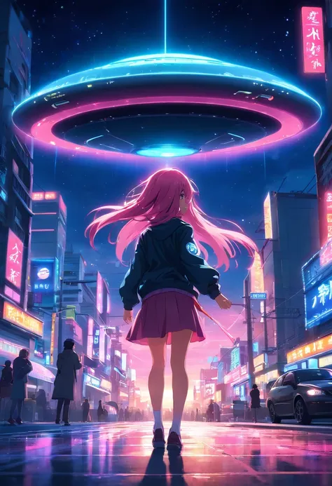 Woman with long pink hair, night time, Neon, flying saucer, kidnapping, galaxy background, neon lights, Black clothes with LED, 4k