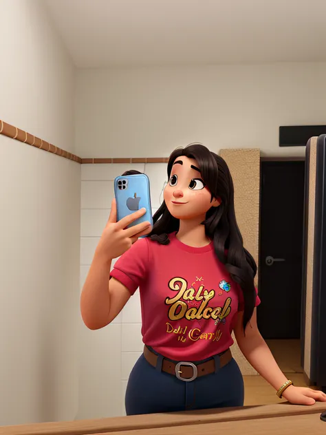 Uma mulher segurando celular iphone estilo disney pixar, alta qualidade, melhor qualidade