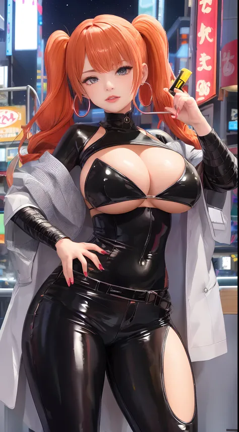 1girl, (((bimbo))),hoop earrings, puffy lips, painted lips, thick lips. orange hair, short twintails, wide hips, thick thighs, latex tight pants, bursting breasts Nightlife, Night city, Cyberpunk city, futuristic cityscape. Neon lights, (skyscraper:1.1), T...