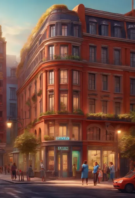 Pixar 3D style drawing of a slimming clinic in the city center with a character in the foreground