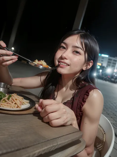 Theres a woman sitting at the table eating food with a fork, Comer, candid picture, at night time, comer fora, candid photo, Fotografia tirada em 2 0 2 0, dinner is served, eating noodles, imagem de qualidade muito baixa, comer espaguete, com batatas frita...