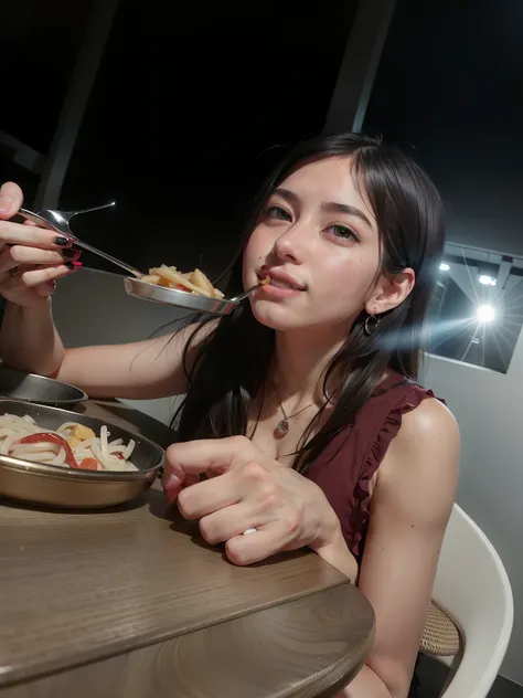 Theres a woman sitting at the table eating food with a fork, Comer, candid picture, at night time, comer fora, candid photo, Fotografia tirada em 2 0 2 0, dinner is served, eating noodles, imagem de qualidade muito baixa, comer espaguete, com batatas frita...