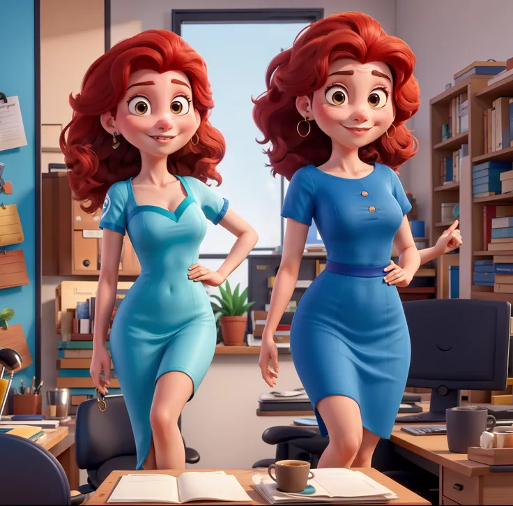 Mulher , jovem , de cabelos compridos , vermelhos , de olhos azuis , with features on her face in the style of Disneys Ariel , in an office  , com uma roupa formal azul , With coffee in hand written Parana Talents